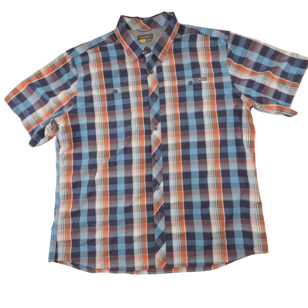 Eddie Bauer Travex Fishing Shirt Mens XL Blue Orange‎ Plaid Nylon Button Up Top